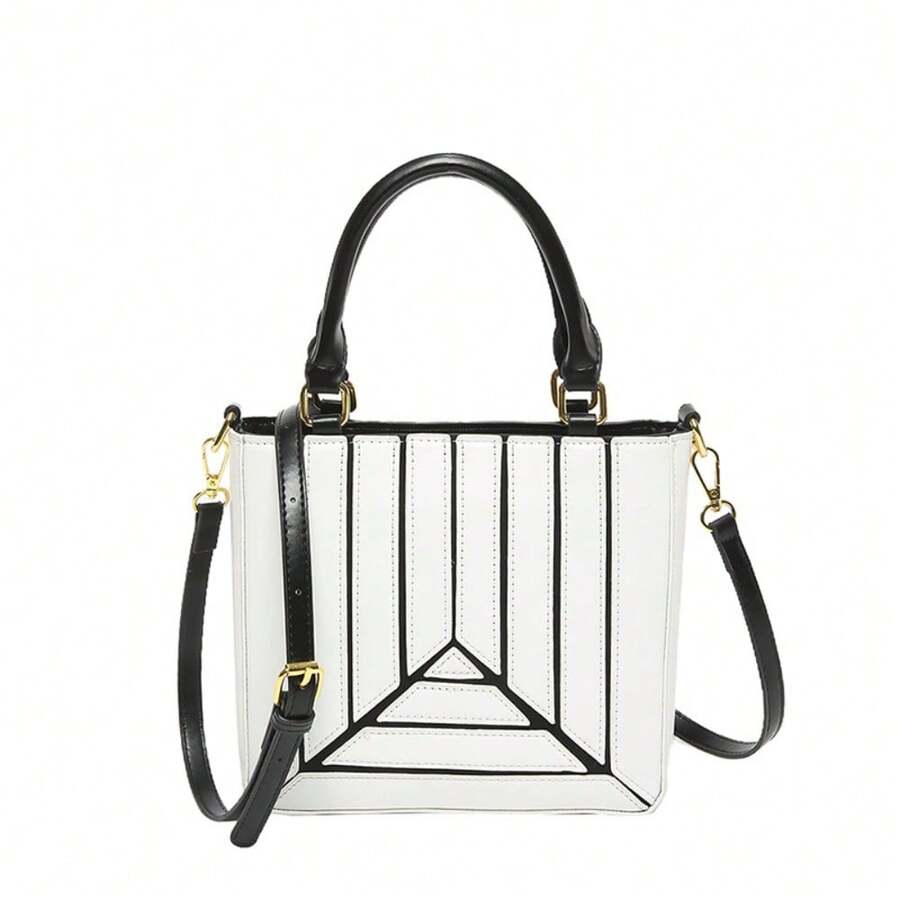 Structured Handbag Top Handle - Geometric Panel Structured Top Handle Handbag
